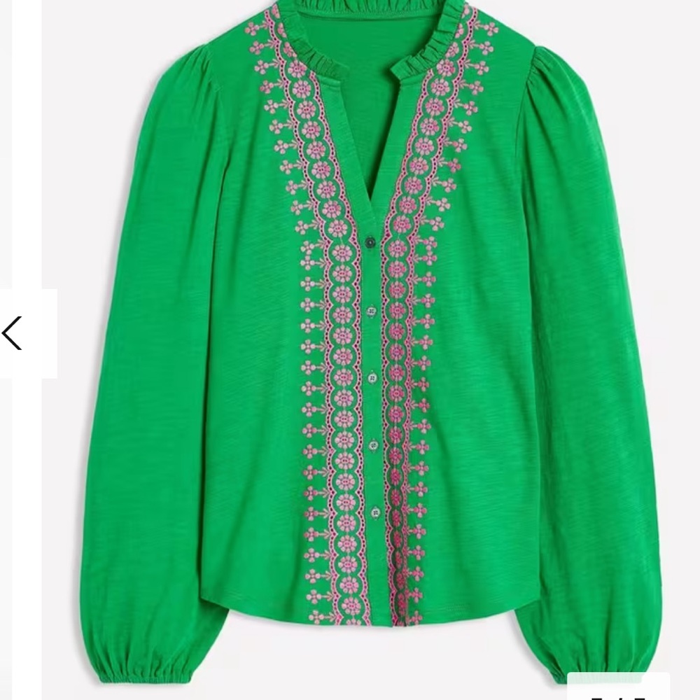 Boden Embroidered Frill Neck Top, Rich Emerald Size 14 NWT - Picture 4 of 8
